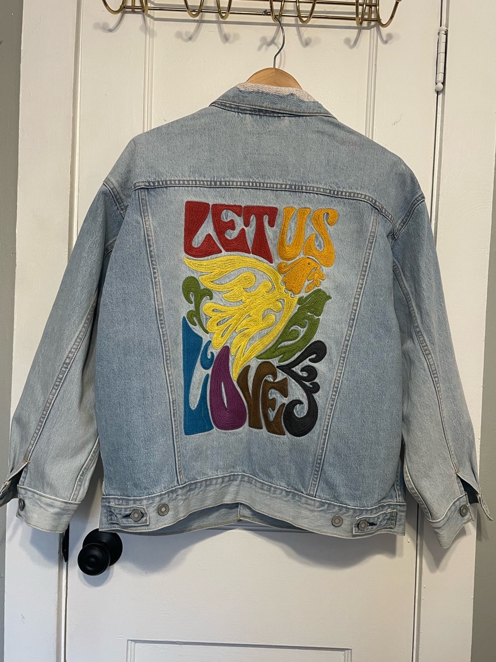 Levi’s Denim Jacket with Colorful 'Let Us Love' Embroidery. Size M